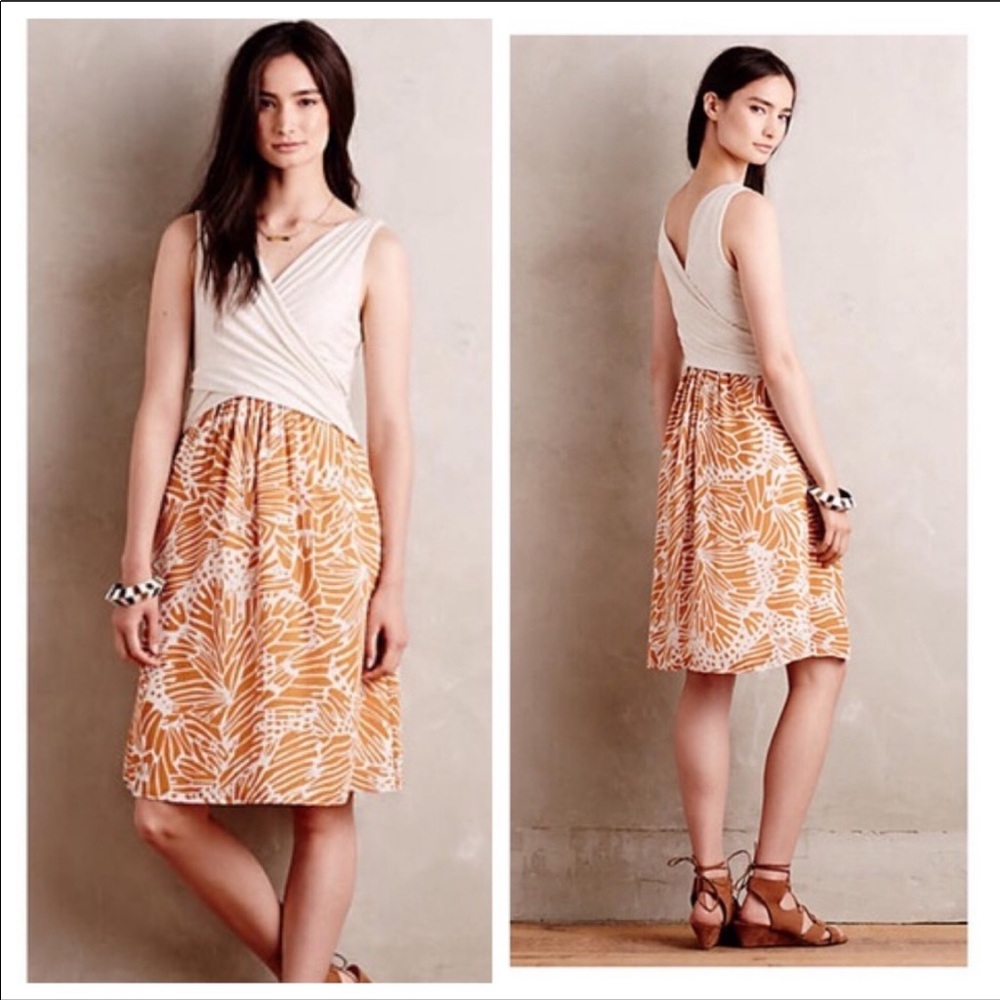 Anthropologie Cream and Orange Printed Wrap-Top Dress